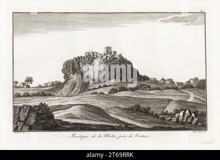 La Motte Berg, in der Nähe von Catania, Sizilien. Bestehend aus einer Masse prismatischer Lavasäulen aus dem Vulkan Ätna. Montagne de la Motte, Pres de Gatane. Kupferstich von Giuseppe Dall'Acqua nach Bombara aus Scipion Breislaks traite sur la Structure Exterieure du Globe, Abhandlung über die Außenstruktur des Globus, Jean-Pierre Giegler, Mailand, 1822. Stockfoto