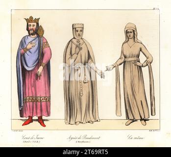 Ludwig der Junge, Ludwig VII., König der Franken, 1120-11880, und zwei Figuren von Agnes von Baudement, 1130-1204, Ehefrau von Robert I. von Dreux (aus ihrem Grab und Siegel in Abbays de St. Yved de Braine). Louis le Jeune (Dutillet, BDM), Agnes de Baudement (Montfaucon), la meme. Handkolorierte Lithographie von Villain nach einer Illustration von Horace de viel-Castel aus seiner Collection des Costumes, Armes et meubles pour servir à l'histoire de la France (Sammlung von Kostümen, Waffen und Möbeln zur Verwendung in der Geschichte Frankreichs), Treuttel & Wurtz, Bossange, 1829. Stockfoto