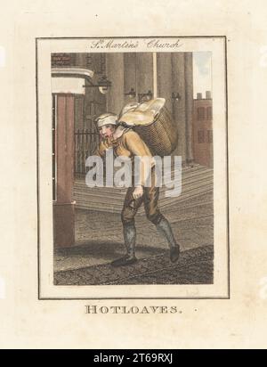 Baker verkauft Brot vor der St. Martin's Church, London, 1805. Baker in Jacke und Hose, klingelt eine Glocke und verkauft heiße Brote aus einem Korb. Säulenportikus der St. Martin-in-the-Fields Church, Trafalgar Square. Handkolorierter Kupferstich von Edward Edwards nach einer Illustration von William Marshall Craig aus Description of the Plates repräsentiert die Wanderhändler von London, Richard Phillips, No. 71 St Pauls Churchyard, London, 1805. Stockfoto