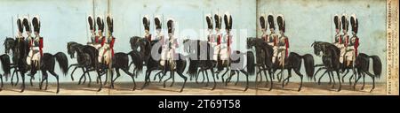 Eine Schwadron von Life Guards in Queen Victorias Krönungsparade. Die Kavallerie der Haushalte, die auf einem Pferd mit Bärenfellen, Brustpanzern und Schwertern montiert ist, handkolorierter Aquatinstich aus Fores' korrekter Darstellung der Staatsprozession anlässlich der August-Zeremonie der Krönung Ihrer Majestät, 28. Juni 1838, veröffentlicht bei Fores, Sporting and Fine Print Repository, Piccadilly, London, 1838. Stockfoto