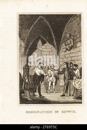 König Eduard II. Musste 1327 von Thomas, Earl of Lancaster, Bischöfen und Lords in Kenilworth Castle abdanken. Rücktritt von König Eduard II Kupferstich aus M. A. Jones History of England von Julius Caesar bis George IV., G. Virtue, 26 Ivy Lane, London, 1836. Stockfoto