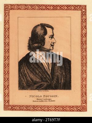 Profilporträt von Nicolas Poussin, 1594–1665, bedeutender Geschichts- und Landschaftsmaler des klassischen französischen Barock, der den Großteil seines Arbeitslebens in Rom verbrachte. Nicolo Poussin. Getönte Ätzung innerhalb einer dekorativen Grenze von John Girtin aus John Girtins fünfundsiebzig Porträts berühmter Maler aus Authentic Originals, J. MCreery, London, 1817. Stockfoto