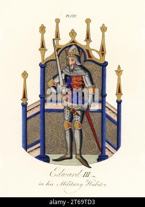 Eduard III., König von England (1327-1377), steht mit gezogenem Schwert, trägt eine Krone, Helm, Anzug aus Platte Rüstung, Kettenpost hauberk, Obermantel der Arme von England, drei Löwen und Fleur-de-lys. Aus einer beleuchteten Initiale E in Historical Compilation, Cotton MS Nero D vi. Handkolorierter Stich von Joseph Strutt aus seiner vollständigen Ansicht des Kleides und der Gewohnheiten der Menschen von England, Henry Bohn, London, 1842. Stockfoto