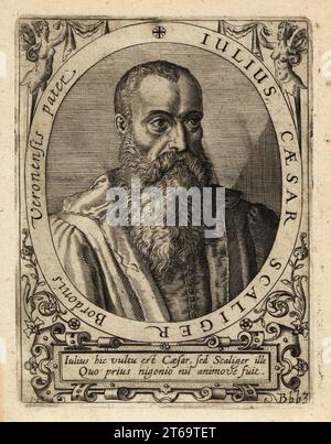 Giulio Cesare della Scala, italienischer Gelehrter und Arzt, der von 1484 bis 1558 einen Großteil seiner Karriere in Frankreich verbrachte. Julius Caesar Scaliger Bordonis Veronensis Pater. Kupferstich von Johann Theodore de Bry aus Jean-Jacques Boissards Bibliotheca Chalcographica, Johann Ammonius, Frankfurt, 1650. Stockfoto