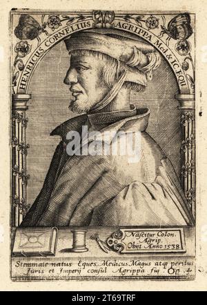 Heinrich Cornelius Agrippa von Nettesheim, deutscher Polymath, Arzt, Rechtsgelehrter, Soldat, Theologe und Okkulter Schriftsteller 1486-1535. Henricus Cornelius Agippa Medicus Juris Consultus Equ. Kupferstich von Johann Theodore de Bry aus Jean-Jacques Boissards Bibliotheca Chalcographica, Johann Ammonius, Frankfurt, 1650. Stockfoto