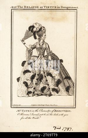 Mrs. Mary Ann Yates in der Rolle der Berinthia in John Vanbrughs der Rückfall oder Tugend in Gefahr. Kupferstich nach einer Illustration von James Roberts vom Bells British Theatre, bestehend aus den angesehensten englischen Theaterstücken, John Bell, London, 1777. Stockfoto