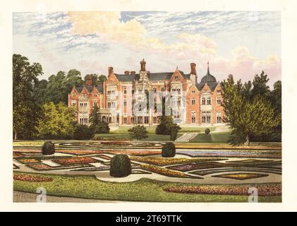 Sandringham House, Norfolk, England. Georgianisches Herrenhaus mit formellem Garten, erbaut im jakobethanischen Stil von den Goggs Brothers im Jahre 1771 für Henry Cornish Henley. Später kaufte König Eduard VII. 1862 als Prine of Wales. Farbholzblock von Benjamin Fawcett im Baxter-Prozess einer Illustration von Alexander Francis Lydon von Reverend Francis Orpen Morriss malerische Ansichten der Sitze von Adligen und Herren von Großbritannien und Irland, William Mackenzie, London, 1880. Stockfoto