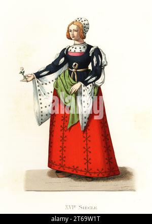 Frau des Königreiches von Kastilien, Spanien, 16th Jahrhundert. In schwarzer Robe in grüner Seide gefüttert, gestrichene Ärmel, roter Wollrock, Musselin Perülle mit schwarzen Sternen. In Alpargatas oder Plateauschuhen. Nach einer Zeichnung von Louis Boudan in der Sammlung de Gaignieres in der Bibliotheque Imperiale, Paris. Haspanta, Espagne, Dame de Castille. Handkolorierte Lithographie nach einer Illustration von Edmond Lechevallier-Chevignard aus Georges Duplessis Costumes historiques des XVIe, XVIIe et XVIIIe siecles (Historische Kostüme des 16th., 17th. Und 18th. Jahrhunderts), Paris, 1867. Edmond Lechevallier-Chevignard war eine Kunst Stockfoto