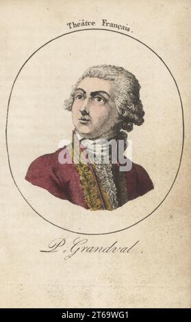 Pierre Racot de Grandval, französischer Comicschauspieler, der 1729 bei den Comedie-Francais debütierte, spielte 1711-1784 in Stücken von Moliere, Voltaire und anderen. Pierre Grandval. Theater Francais. Die Rolle des Misanthropen. Handkolorierter Kupferstich nach Jacques Grasset Saint-Sauveur von Acteurs et Actrices Cebres, berühmten Schauspielern und Schauspielerinnen, Le Caliz Latour Libraire, Paris, 1808. Stockfoto