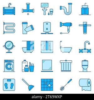 Blaue Kollektion kreativer Icons im Badezimmer. Vektorsymbole für WC- und Waschraumkonzepte oder Designelemente Stock Vektor