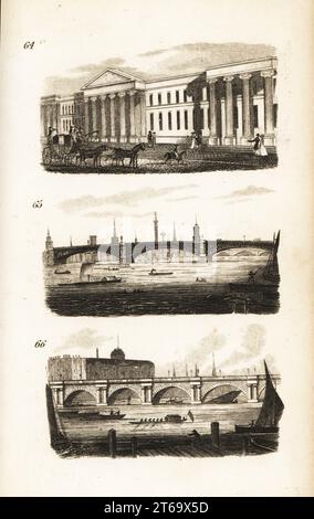 Das General Post Office, Southwark Bridge und Waterloo Bridge. Bühnenkutsche vor dem General Post Office in St. Martins le Grand 64, Blick auf die Southwark Bridge, die 1819 von John Rennie 65 erbaut wurde, und die Waterloo Bridge, die 1817 von John Rennie 66 erbaut wurde. Holzschnitt nach einer Illustration von Isaac Taylor aus City Scenes oder A Peep into London von Ann Taylor und Jane Taylor, herausgegeben von Harvey and Darton, Gracechurch Street, London, 1828. Die englischen Schwestern Ann und Jane Taylor waren im frühen 19. Jahrhundert fruchtbare romantische Dichter und Autoren von Kinderbüchern. Stockfoto