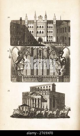 London Guildhall, Gog und Magog und das Mansion House. Blick auf die Gildenhalle in Moorgate 30, Statuen des mythologischen Riesen Gogmagog und Corineus 31 und die von sechs Pferden gezogene Lordbürgermeisterschaft vor dem Häuptling Magistrates House 32. Holzschnitt nach einer Illustration von Isaac Taylor aus City Scenes oder A Peep into London von Ann Taylor und Jane Taylor, herausgegeben von Harvey and Darton, Gracechurch Street, London, 1828. Die englischen Schwestern Ann und Jane Taylor waren im frühen 19. Jahrhundert fruchtbare romantische Dichter und Autoren von Kinderbüchern. Stockfoto