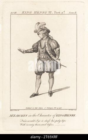 Mr. James Aickin in der Rolle von König Heinrich in William Shakespeares König Heinrich VI., Teil 2. Mit Hut, Hermelin, Pantaloons, Schlauch, bewaffnet mit einem Rapier. James Aickin, c.1736-1803, irischer Schauspieler, der in Edinburgh und in Drury Lane, London aufgetreten ist. Aickin spielte diese Rolle nicht in der Drury Lane, sondern in Colley Cibbers Richard III. Henry VI Copperplate-Gravur von William Walker nach einem Porträt von Robert Dighton aus John Bell's Edition of Shakespeare, London, 29. Februar 1776. Stockfoto