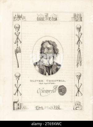 Oliver Cromwell starb am 3. September 1658. Cromwell, englischer Bürgerkriegspolitiker und Soldat, Regizid von König Karl I. von England und Lord Protector of the Commonwealth, 1599–1658. Mit seinem Autogramm und Siegel. In einem Rahmen, der mit Vignetten aus Schädel und Kreuzknochen, Ketten und Henker-Axt verziert ist, hängt ein Mann an einem Gibbet in Tyburn, ein verurteilter Mann auf einem Schlitten, im Tower of London, Newgate Prison. Kupferstich von Robert Cooper, Porträt von Burnet Reading, von James Caulfields the High Court of Justice, London, 1820. Stockfoto