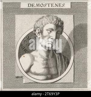 Demosthenes, griechischer Staatsmann und Redner im antiken Athen, 384-322 v. Chr. Einer der einflussreichsten Rhetoriker in Athen im 4. Jahrhundert. Entemostenen. Kupferstich nach einer Illustration von Joachim von Sandrart aus seiner LAcademia Todesca, della Architectura, Scultura & Pittura, oder Teutsche Academie, der Edlen Bau- Bild- und Mahlerey-Kunste, Deutsche Akademie für Architektur, Skulptur und Malerei, Jacob von Sandrart, Nürnberg, 1675. Stockfoto