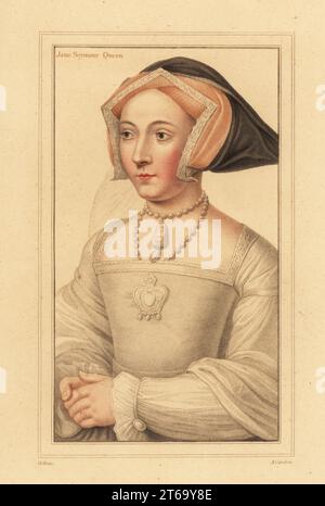 Jane Seymour, Königin von England, Ehefrau von König Heinrich VIII., Tochter von Sir John Seymour, Mutter von König Edward VI. Kopfschmuck mit abgefalter Kapuze. Jane Seymour, Königin. Handkolorierter Kupferstich-Stich von Anthony Cardon nach einem Porträt von Hans Holbein dem Jüngeren nach Imitationen von Originalzeichnungen von Hans Holbein, John Chamberlaine, London, 1812. Stockfoto