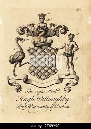 Wappen des rechten ehrenwerten Hugh Willoughby, Lord Willoughby von Parham, 15. Baron Willoughby von Parham, 1713-1765. Kupferstich von Andrew Johnston nach C. Gardiner von Notitia Anglicana, der die Errungenschaften des gesamten englischen Adels Andrew Johnson, The Strand, London, 1724 zeigt. Stockfoto