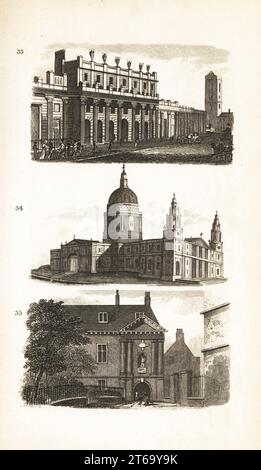 Die Bank of England, die St. Pauls Cathedral und die Blue-Coat School oder das Christs Hospital. Blick auf die Bank of England 33, die Kuppel der St. Pauls Cathedral 34 und die Blue-Coat School for Waisenkinder 35. Holzschnitt nach einer Illustration von Isaac Taylor aus City Scenes oder A Peep into London von Ann Taylor und Jane Taylor, herausgegeben von Harvey and Darton, Gracechurch Street, London, 1828. Die englischen Schwestern Ann und Jane Taylor waren im frühen 19. Jahrhundert fruchtbare romantische Dichter und Autoren von Kinderbüchern. Stockfoto