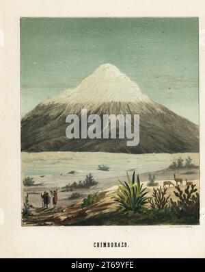 Blick auf den Vulkan Chimborazo in den Anden, Ecuador, 19. Jahrhundert. Männer in Ponchos, Lama und Kakteen im Vordergrund. Handkolorierte Lithografie von Emile Lemaitre aus Munerelles Les Phenomenes et Curiosites de la Nature (Naturphänomene und Kuriositäten), Libraire Derivaux, Straßburg, 1856. Stockfoto