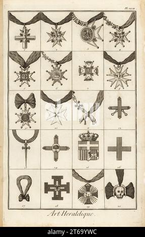 Schiebezeichen von Ritterorden. Ritter der Heiligen Ampulle, St. Ampulle 1,2, St. Michel 3, St. Esprit 4,8, St. Louis 5, St Lazare 6, Comtes de Lyon 7, Merite Militaire 9, Malta 10, Toison d'Or 11, Calatrava 12, St Jacques de l'Epee 13, St Julien du Poirier 14, Notre Dame des Graces 15, ND de Monteza 16, Chevalier de la Blonda 17, Teutonique 18, Chevalier de St Hubert 19 und Chevalier de la Tete Morte 20. Kupferstich von Robert Benard aus Blason ou Art Heraldique, dem Heraldik-Abschnitt von Denis Diderot und Jean-Baptiste le Rond dAlemberts Encyclopedie, herausgegeben von Brisson, David, L. Stockfoto