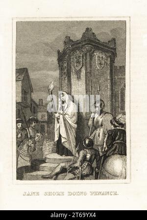 Elizabeth Jane Shore, Geliebte von Eduard IV., die Buße mit einer Fackel in St. Paul's Cross, London, 1483. Kupferstich aus M. A. Jones History of England von Julius Caesar bis George IV., G. Virtue, 26 Ivy Lane, London, 1836. Stockfoto