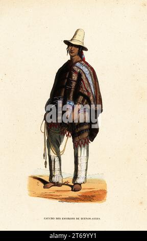 Amerikanischer Gaucho aus der Region Buenos-Ayres, Argentinien. In Zuckerhut, gestreiftem Poncho, Hosen und Spornen, die Bolas oder Boleadoras halten, um auf den Pampas zu jagen. Gaucho des Environs de Buenos-Ayres. Handkolorierter Holzschnitt von S aus Auguste Wahlen's Moeurs, Usages et Costumes de tous les Peuples du Monde, (Manners, Customs and Costumes of all the People of the World) Librairie Historique-Artistique, Brüssel, 1845. Wahlen war das Pseudonym von Jean-Francois-Nicolas Loumyer (1801-1875), einem Schriftsteller und Archivar bei der Wappentier-Abteilung von Belgien. Stockfoto