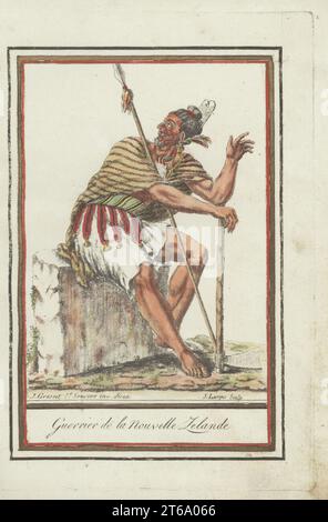 Maori Krieger von Neuseeland. Mit Haarkamm oder heru, schwarzen und roten Gesichts-Tattoos oder Ta Moko, kurzer Mantel, gewebter Rock, bewaffnet mit Speer und patou-patou-Axt. Guerrier de la Nouvelle Zeelande. Handkolorierter Kupferstich von J. Laroque nach einem Entwurf von Jacques Grasset de Saint-Sauveur aus seiner Encyclopedie des Voyages, Encyclopedia of Voyages, Bordeaux, Frankreich, 1792. Stockfoto