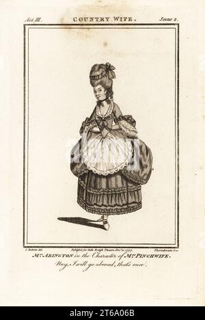 Mrs. Frances Abington in der Rolle von Mrs. Margery Pinchwife in William Wycherleys the Country Ehefrau, Drury Lane Theatre, 1767. Fanny Abington war eine britische Schauspielerin, die 1737–1815 für ihre Schauspielerei und Mode bekannt war. Kupferstich nach einer Illustration von James Roberts vom Bells British Theatre, bestehend aus den angesehensten englischen Theaterstücken, John Bell, London, 1777. Stockfoto