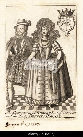 Robert Carr, Earl of Somerset, und Frances Howard, Countess of Somerset, berüchtigte mörderische englische Aristokraten. Sir Thomas Overbury wurde im Gefängnis von Howards Dienstmädchen Anne Turner vergiftet. Im Prozess 1615 wurden Frances und Robert für schuldig befunden, später aber von König Jakob I. begnadigt. Kupferstich von Gerard Vandergucht, veröffentlicht für William Granger, 18. Jahrhundert. Stockfoto