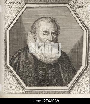 Hans Conrad Gyger, Schweizer Glasmaler, Mathematiker, Vermesser und Kartograph in Zürich, 15991674. Conrad Gyger Tigurinus. Kupferstich nach einer Illustration von Joachim von Sandrart aus seiner LAcademia Todesca, della Architectura, Scultura & Pittura, oder Teutsche Academie, der Edlen Bau- Bild- und Mahlerey-Kunste, Deutsche Akademie für Architektur, Skulptur und Malerei, Jacob von Sandrart, Nürnberg, 1675. Stockfoto