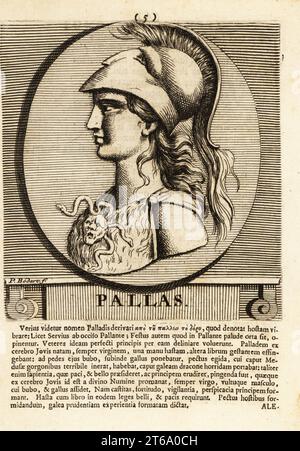 Athena oder Athene, oft als Pallas bezeichnet, antike griechische Göttin, die mit Weisheit, Handwerkskunst und Krieg verbunden ist. Sie trägt einen Helm, ein Gewand aus Tierhaut und eine Brosche mit Medusa-Kopf und Schlangenhaaren. Römische Göttin Minerva. Kupferstich von Pieter Bodart (1676–1712) aus Henricus spoors Deorum et Heroum, Virorum et Mulierum Illustrium imagines Antiquae Illustatae, Götter und Helden, Männer und Frauen, illustriert mit antiken Bildern, Petrum, Amsterdam, 1715. Erstmals 1707 als Favissæ utriusque antiquitatis tam Romanæ quam Græcæ veröffentlicht. Henricus Spoor war ein niederländischer Arzt, klassisch Stockfoto