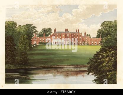 Lawton Hall., Cheshire, England. Rotes Backsteinhaus aus dem 17. Jahrhundert mit Außenfassade aus dem 18. Jahrhundert. Heim von John Lawton, Esq. Farbholzblock von Benjamin Fawcett im Baxter-Prozess einer Illustration von Alexander Francis Lydon von Reverend Francis Orpen Morriss malerische Ansichten der Sitze von Adligen und Herren von Großbritannien und Irland, William Mackenzie, London, 1880. Stockfoto