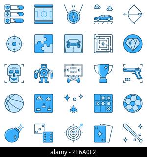 Videos Spiele und Gaming Blue Concept Icons. Kreative Spielsymbole auf weißem Hintergrund Stock Vektor