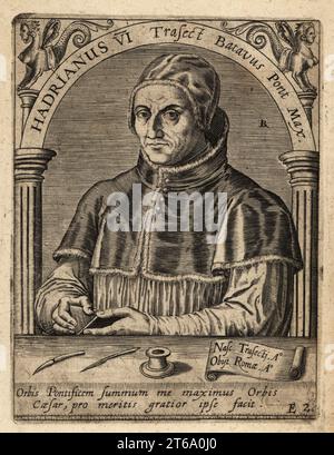Papst Adrian VI., geboren 1459–1523 in Adriaan Florensz Boeyens, war Oberhaupt der katholischen Kirche und Herrscher der päpstlichen Staaten. Hadrianus VI Traject Batavus Pont Max. Kupferstich von Johann Theodore de Bry aus Jean-Jacques Boissards Bibliotheca Chalcographica, Johann Ammonius, Frankfurt, 1650. Stockfoto
