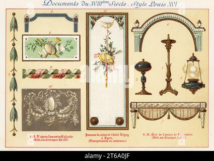 Designelemente aus der Zeit von König Ludwig XVI., 18. Jahrhundert. 1,8 nach Richard de Lalonde, 9,10 nach Henri Salembier, Tafel aus einem Zimmer im Hotel Regny in Lyon. Chromolithographie entworfen und lithographiert von Ernst Guillot aus Elements d'Ornementation du XVIIIe Siecle, Elements of Ornament of the 18th century, Renouard, Paris, 1890. Stockfoto