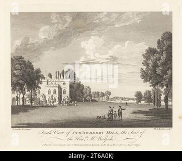 Südblick auf Strawberry Hill, in der Nähe von Twickenham. Villa im gotischen Stil, erbaut für Schriftsteller, Historiker und Politiker, Horace Walpole, 1717-1797. Gentleman und Ladys mit Hunden spazieren durch die Gärten vor dem Kronenhaus. Entworfen vom Amateurarchitekten John Chute und Designer Richard Bentley. Copperplate-Gravur von Michael Angelo Rooker nach einer Illustration von Paul Sandby vom Copper Plate Magazine oder Monthly Treasure, G. Kearsley, London, 1. August 1775. Stockfoto