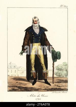 Kostüm eines französischen Dandy oder Incrovable, Directoire-Ära, 1795. Mit hohem Kragen mit Krawatte, langer Rotingote, zweireihiger Weste, bunten Pantalons und wadenlangen Stiefeln mit hohen Bündchen. Er hält einen Hut und Knüppel. Costume d'Homme, 1795. Nach Carle Vernet. Handkolorierte Lithographie von Lorenzo Bianchi und Domenico Cuciniello nach Hippolyte Lecomte aus Costumi civili e militari della monarchia francese dal 1200 al 1820, Neapel, 1825. Italienische Ausgabe der Lecomtes Zivil- und Militärkostüme der französischen Monarchie von 1200 bis 1820. Stockfoto