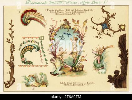 Designelemente aus der Zeit von König Ludwig XV., 18. Jahrhundert. 1 nach Francois de Cuvillies, 2-7 nach Juste-Aurele Meissonnier, 5-8 nach Alexis Peyrotte. Chromolithographie entworfen und lithographiert von Ernst Guillot aus Elements d'Ornementation du XVIIIe Siecle, Elements of Ornament of the 18th century, Renouard, Paris, 1890. Stockfoto