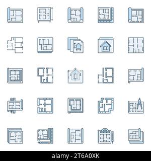 House Plan Blue Modern Icons Kollektion - Vektorsatz von House Project auf Blueprint Concept Schildern oder Logoelementen Stock Vektor