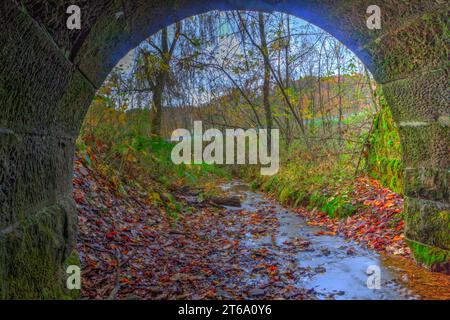 Blick auf einen alten Culvert im Herbst im Osten von Ohio Stockfoto