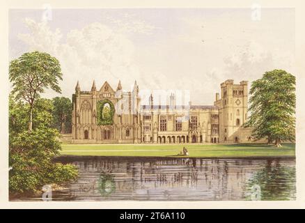 Newstead Abbey, Nottinghamshire, England. Mittelalterliches Augustiner-Priory, das Sir John Byron von König Heinrich VIII. Bei der Auflösung der Klöster gewährt wurde. Ehemals Heim des Dichters George Gordon Byron, 6. Baron Byron. 1818 von Thomas Wildman, dem Besitzer von 241 versklavten Personen in Jamaika, gekauft. Farbholzblock von Benjamin Fawcett im Baxter-Prozess einer Illustration von Alexander Francis Lydon von Reverend Francis Orpen Morriss malerische Ansichten der Sitze von Adligen und Herren von Großbritannien und Irland, William Mackenzie, London, 1880. Stockfoto