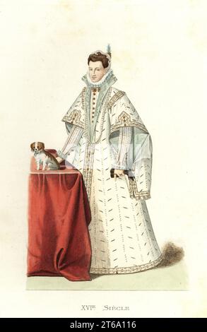 Edle Frau von Italien mit Spielzeug Hund, 16th Jahrhundert. In reichen weißen Kleid mit Gold, Spitzenkragen und Manschetten, Perlenkette, blonde Haare mit Perlen Kopfschmuck verziert. Italie, Dame de Qualite. Handkolorierte Lithographie nach einer Illustration von Edmond Lechevallier-Chevignard aus Georges Duplessis Costumes historiques des XVIe, XVIIe et XVIIIe siecles (Historische Kostüme des 16th., 17th. Und 18th. Jahrhunderts), Paris, 1867. Edmond Lechevallier-Chevignard war Künstler, Buchmaler und Innenarchitekt. Stockfoto