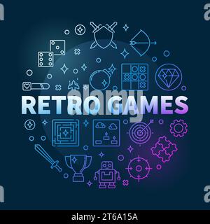 Retro-Spiele-Vektor-Konzept runde farbige dünne Linie Illustration auf dunklem Hintergrund Stock Vektor