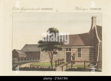 Peter der große Hütte in der Walfangstadt Zaandam, Holland, 1697. Dort studierte er unter dem Namen Peter Michailowitz Schiffbau. Cabane de Pierre le Grand a Saardam. Handkolorierter Kupferstich aus Carl Bertuchs Bilderbuch fur Kinder, Weimar, 1813. Eine 12-bändige Enzyklopädie für Kinder, illustriert mit fast 1.200 gravierten Platten über Naturgeschichte, Wissenschaft, Kostüm, Mythologie usw., veröffentlicht von 1790-1830. Stockfoto