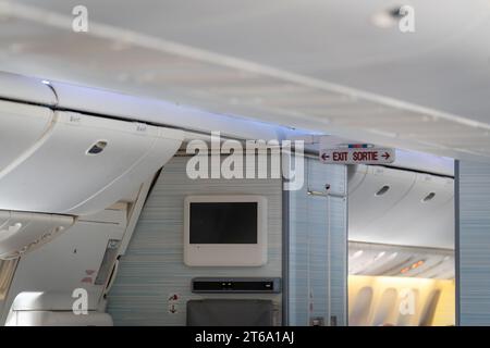 Ausstiegsschild Lightbox im Passagierflugzeug, Fluchtweg Lebensweise. Weg zum Überleben. Stockfoto