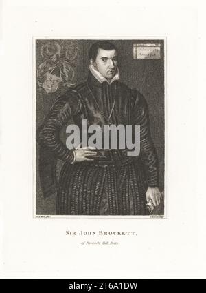 Sir John Brocket, 1540-1598, englischer Adliger, Captain von Königin Elisabeth I. Leibwache. Sir John Brockett, Brockett Hall, Herts. Mit Spitzenkragen, gestepptem Wappen und Schlauch, Wappen hinter ihm. Kupferstich von G. Barrett nach einem Gemälde von Sir Anthony More aus dem Jahr 1568 aus der Samuel Woodburns Gallery mit seltenen Porträts bestehend aus Original Plates, George Jones, 102 St Martins Lane, London, 1816. Stockfoto