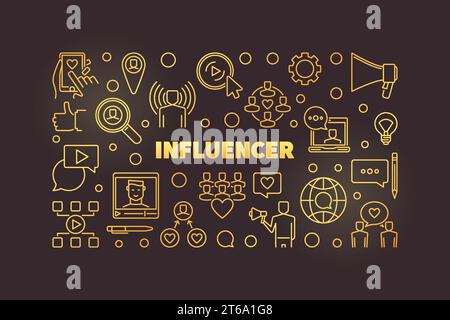 Influencer-Vektor-Konzept Umriss goldene horizontale Banner oder Illustration Stock Vektor