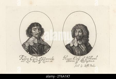 Robert Rich, 2. Earl of Warwick, 1587-1658. Englischer Kolonialverwalter, Admiral und Puritan, Befehlshaber der parlamentarischen Marine während der Kriege der drei Königreiche. Henry Rich, 1. Earl of Holland, 1590–1649, englischer royalistischer Höfling und Politiker. Henry, Earl of Holland, Baron of Kensington. Von einem seltenen Druck von William Faithorne, verkauft von Robert Peake. Kupferstich aus der Samuel Woodburns Gallery mit seltenen Porträts bestehend aus Original Plates, George Jones, 102 St Martins Lane, London, 1816. Stockfoto