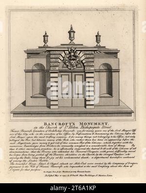 Denkmal von Thomas Bancroft, Lord Mayors Officer, in der Kirche St. Helen, Bishopsgate Street. Kupferstich von John Thomas Smith nach Originalzeichnungen von Mitgliedern der Society of Antiquaries aus seinen J.T. Smiths Antiquities of London and its Environment, J. Sewell, R. Folder, J. Simco, London, 1794. Stockfoto