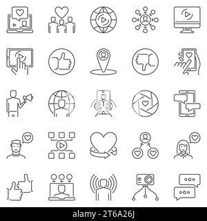 Influencer Marketing Gliederung Symbole Set - Vektor Vlog Konzept Design Elemente Stock Vektor